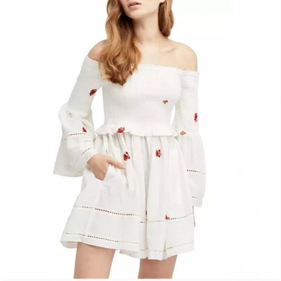 FREE PEOPLE | White Counting Daisies Embroidered Smocked Bell Sleeve Dress Small - Picture 1 of 7